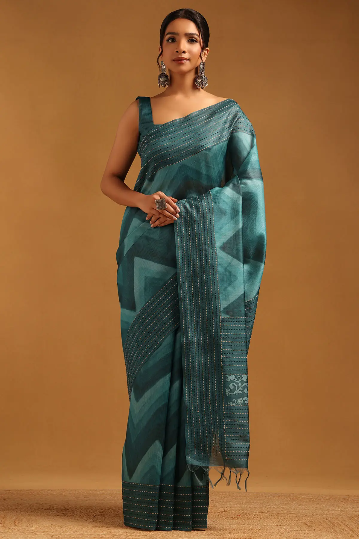Teal Green Tussar Chevrons Sarees With Thread Work